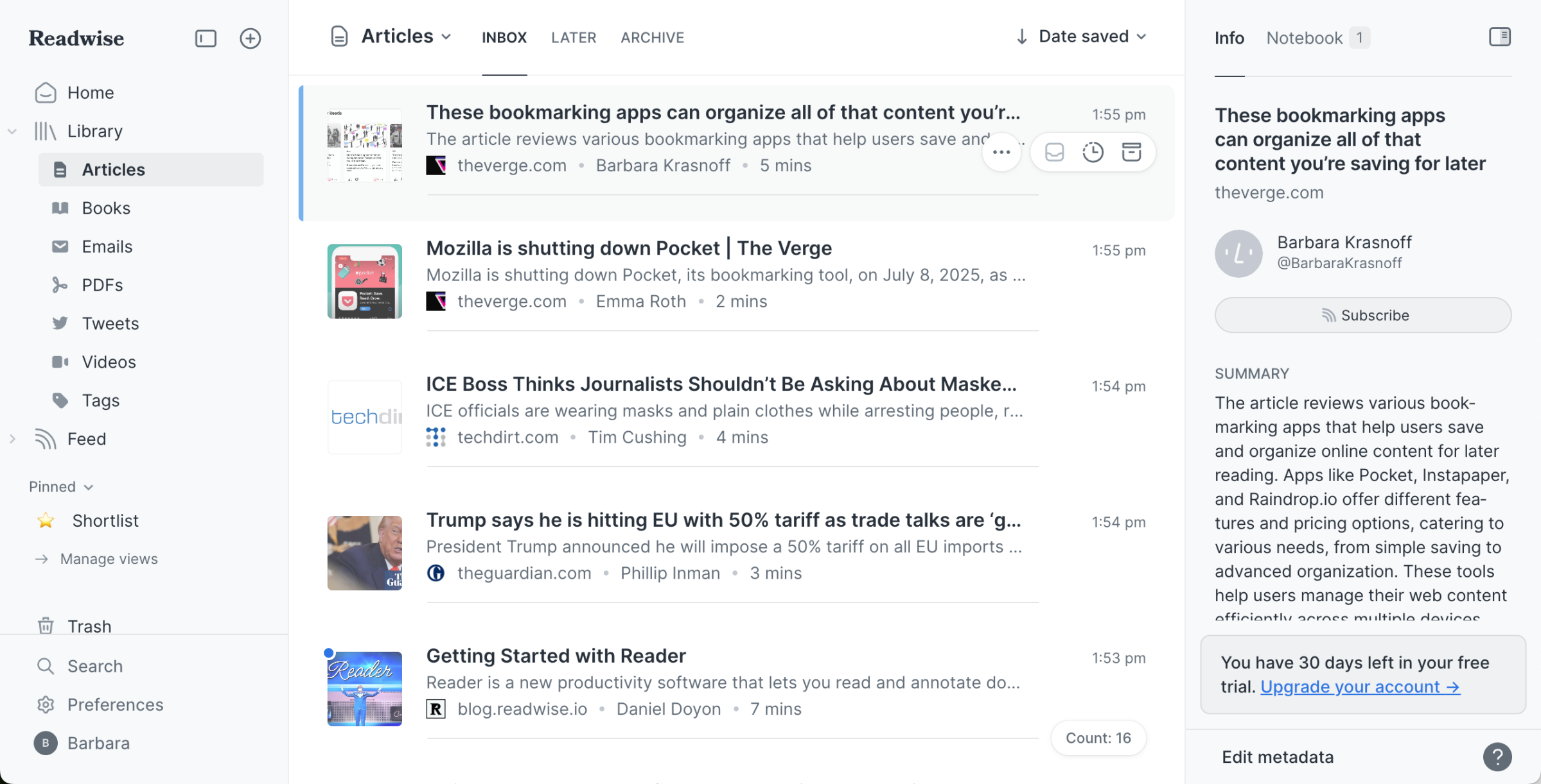 Main page of Readwise’s Reader, showing a menu on the left, a list of articles in the center, and a description of the highlighted 
